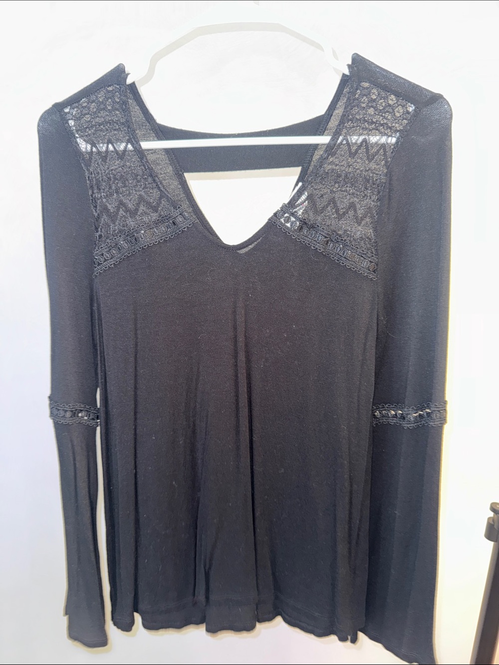 Black V-Neck Long Sleeve Top with Lace Yoke